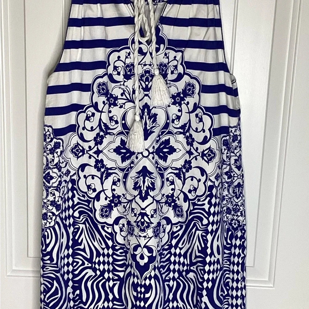 Max Studio Blue and White Halter Dress.  Sz. Med Boho, Summertime, Resortwear - Picture 3 of 9